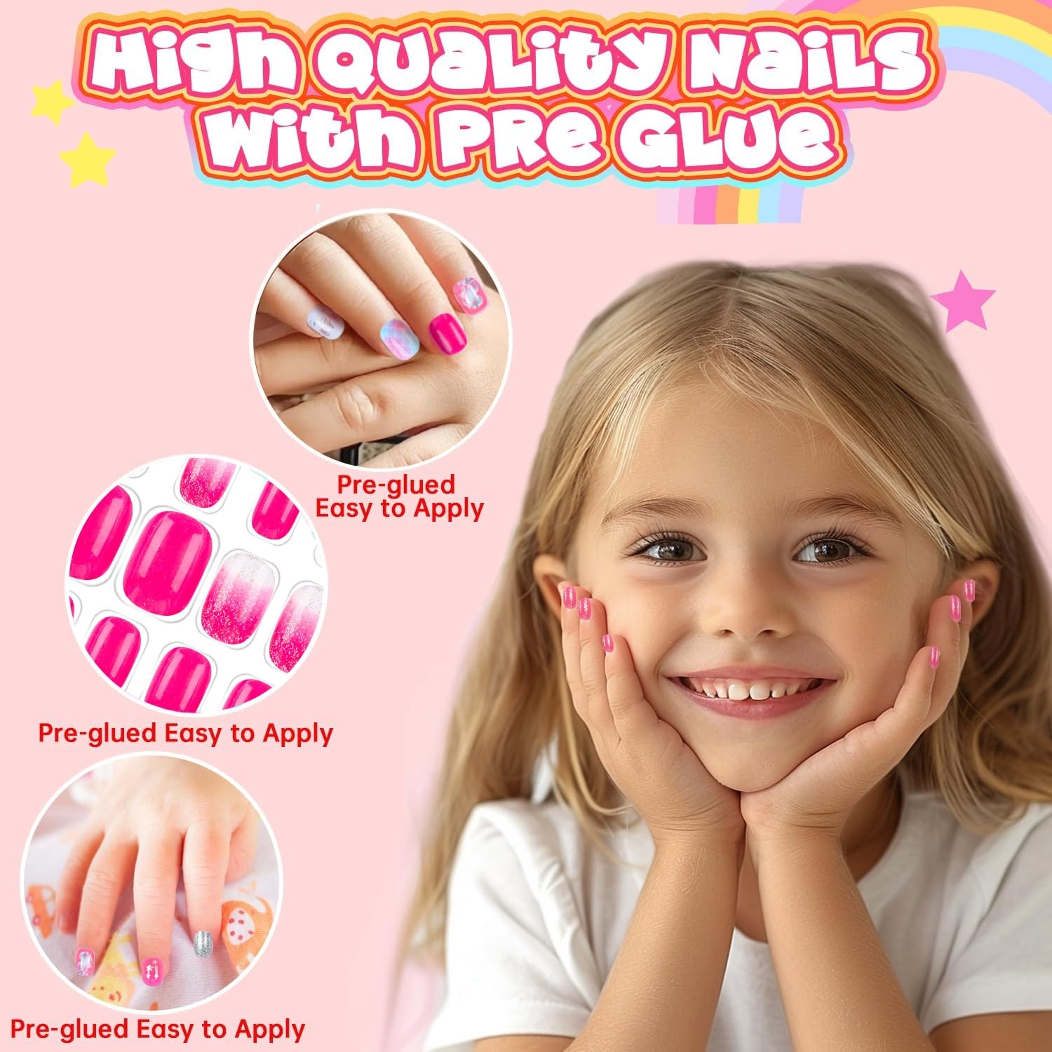 144 Pieces 6 Pack Kids Press on Nails Artificial Fake Nails for Kids Girls Pr.