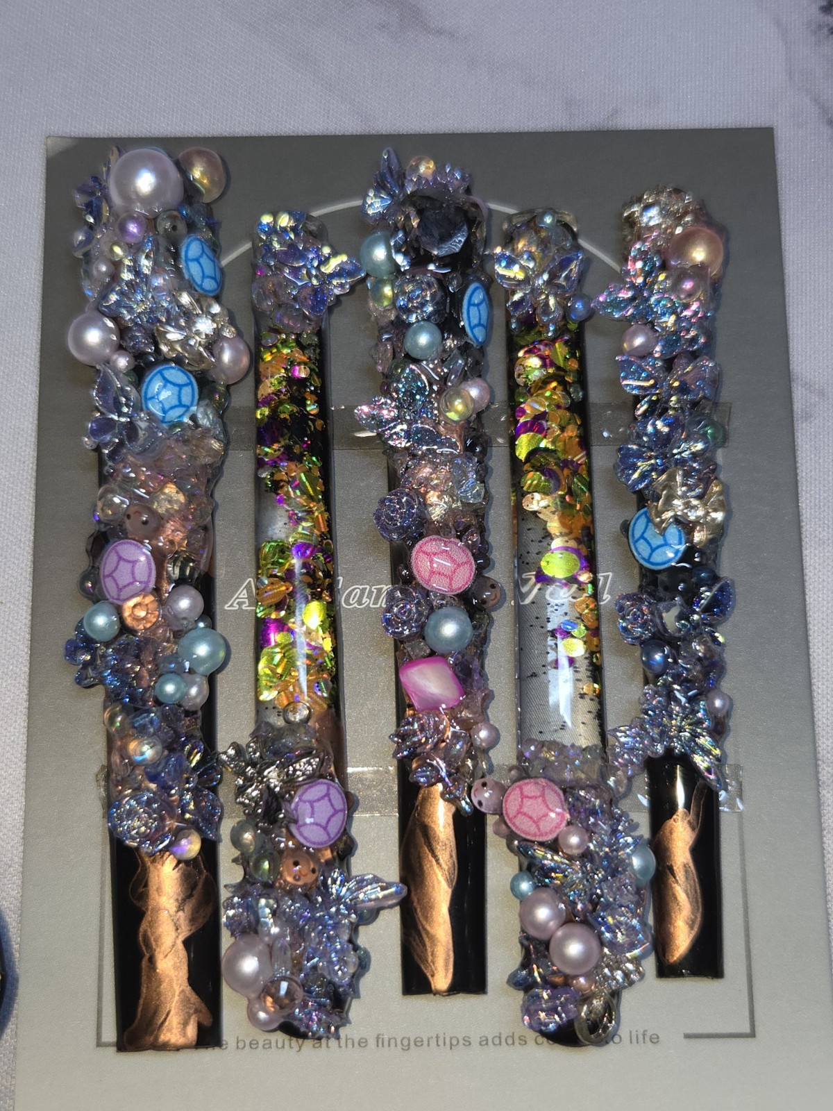 Press On Nails Medium XXXXLONG pink purple butterfly water nails.