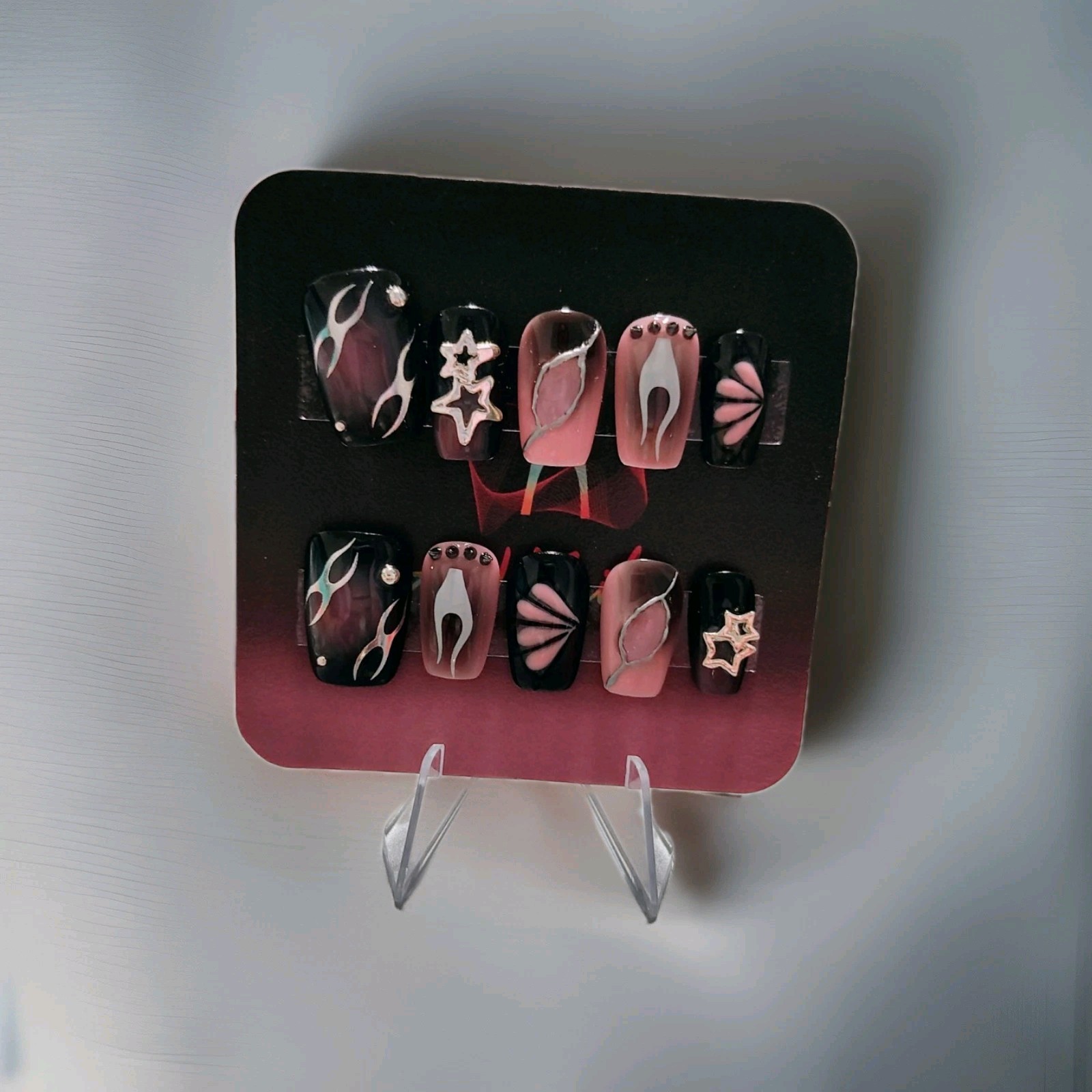 Medium Square Pink Black Silver Matte 3D Stars Abstract Press-On Nails