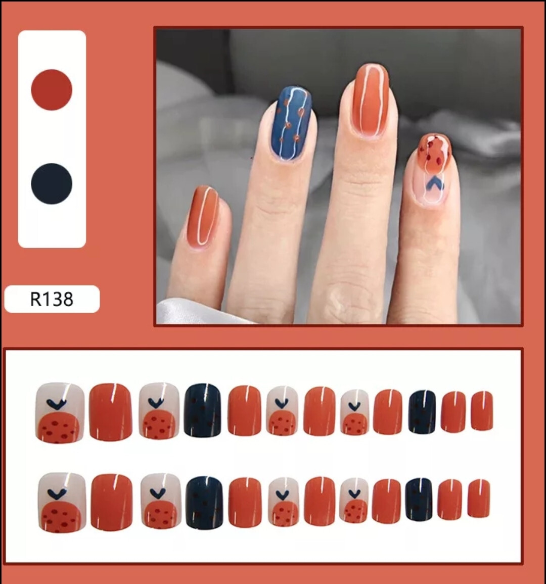 24 New Press on Nails Kit w glue orange blue contrast cute kawaii