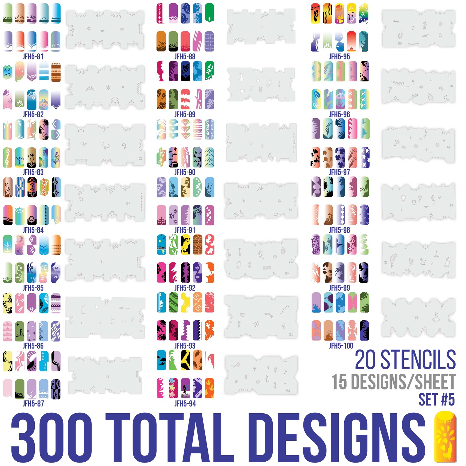 Set 5 260 Airbrush Nail Art STENCIL DESIGNS – 20 Template Sheets Kit Brush Paint