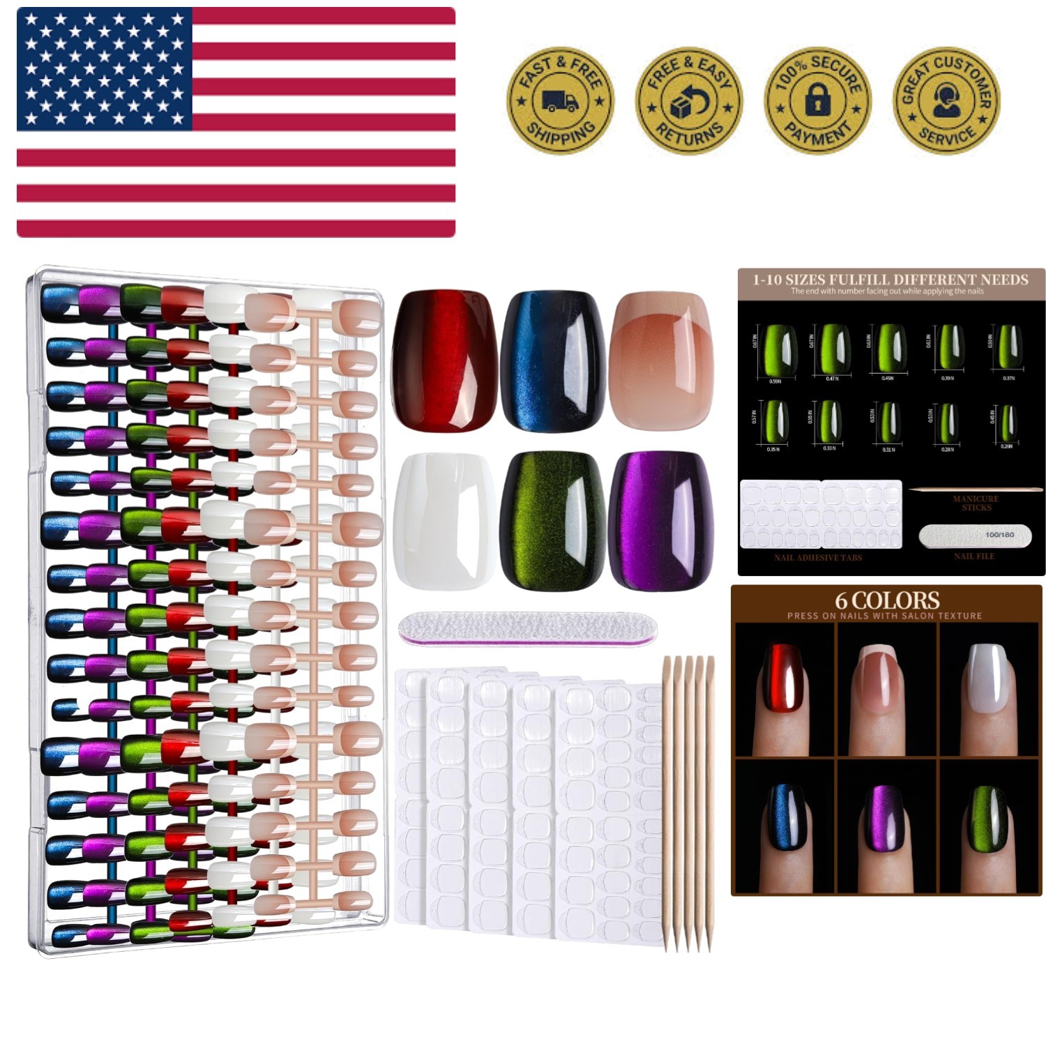 Press On Nails, 6 Colors Cat Eye Press On Nails Short, Natural Fake Nails Glo…