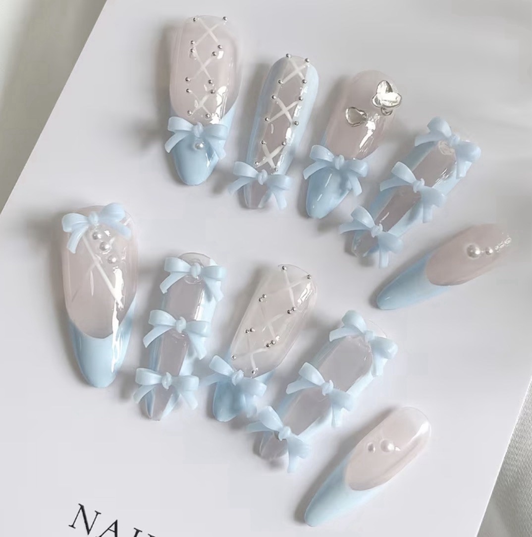 Handmade Nail Press-On Nails Set Blue/Clear Almond Long 3D Bow Pre-Designed