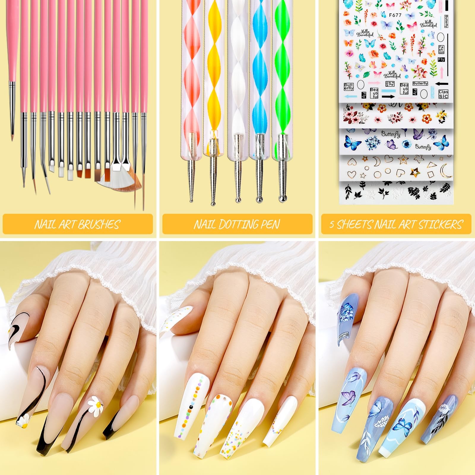 Teenitor Press On Nail Kit – Clear Coffin Tips, Art Brushes, Black