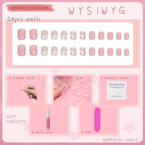 Pink Press on Nails Short Nail Press on Nails for Girls Cute 231110 white&pink