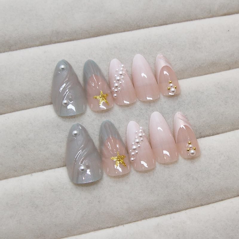 24Pcs Ocean Shell Press on Nails Medium Almond Fake Nails with 3D Star Pearl …