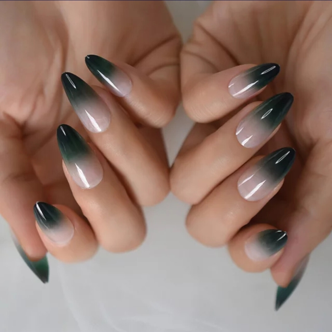 24 Medium Press on nails kit w glue dark green ombre nude winter almond