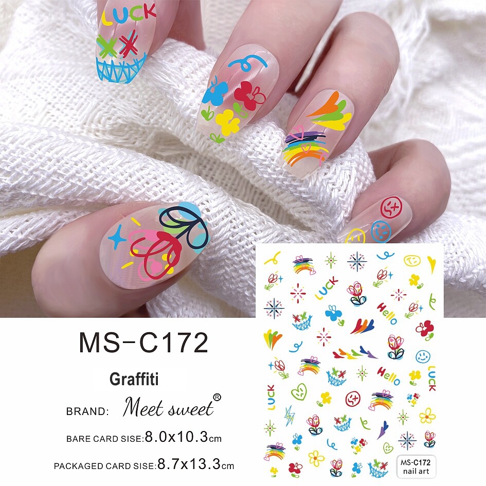 Graffiti Heart Flower Rainbow Nail Stickers Moon Coconut Palm Trees Fruit Colors