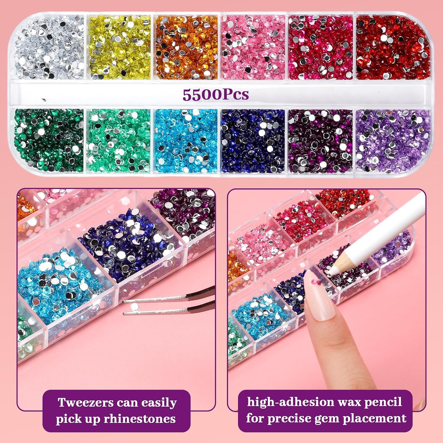 5500Pcs 2Mm 12 Versatile Colors Rhinestone Set for Nail Art | Colorful Flat Back