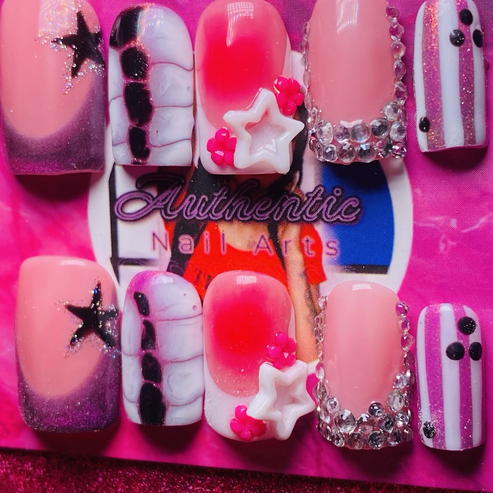 Square Press-On Nails Pink Black 3D Shiny Star by Authentic Nail Arts
