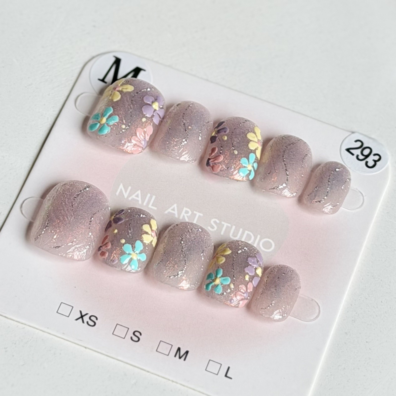 Handmade Aurora Flower Press-On Nails Size M Short Squoval Reusable Fake Nails