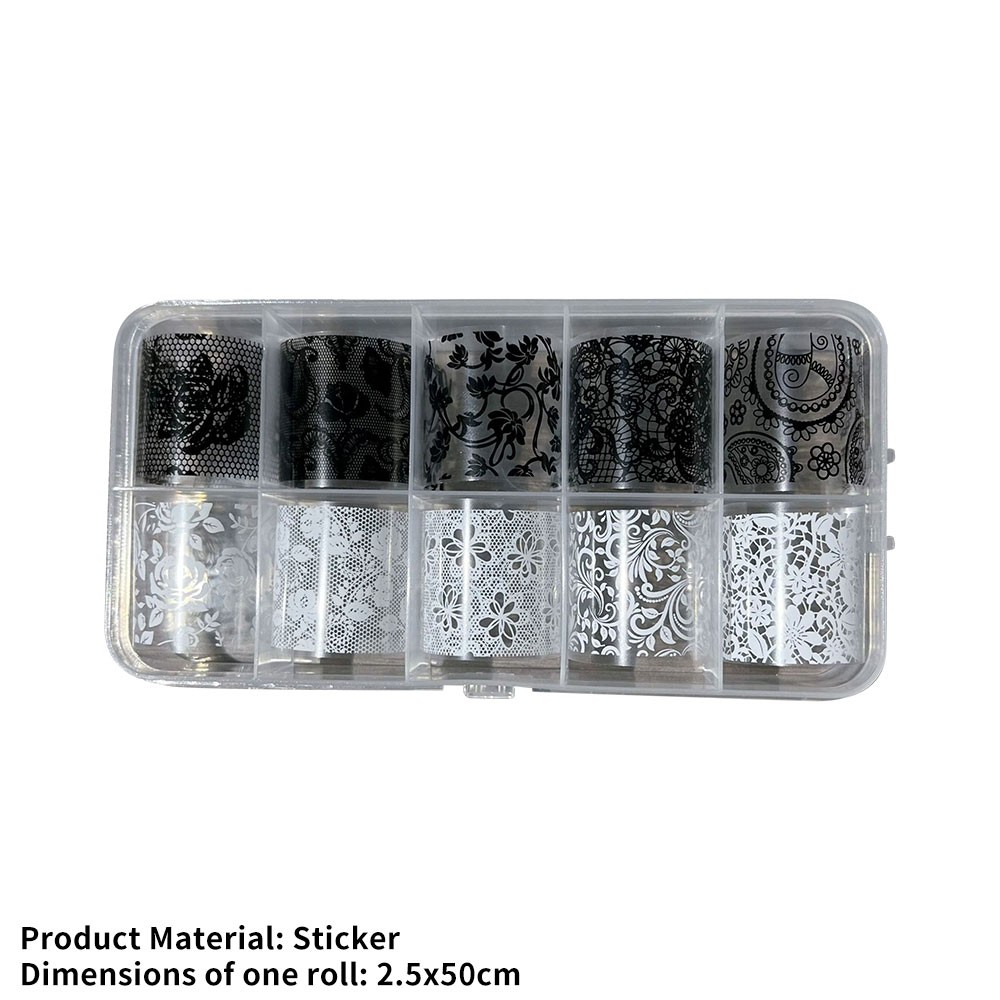 10 Rolls Sexy Lace Nail Foils Black White Transfer Paper Nail Art Stickers AE