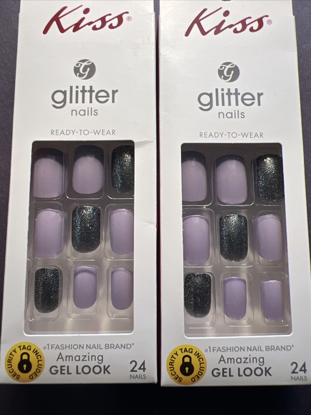 2x~Kiss~Glitter Nails Ready To Wear~Purple & Black Metallic Square~Glue On Nail