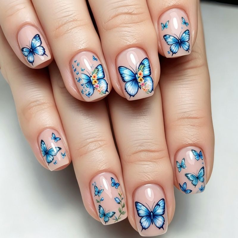 96Pcs Medium Rectangle Nails, Retro Blue Tone, Flower & Butterfly Pattern