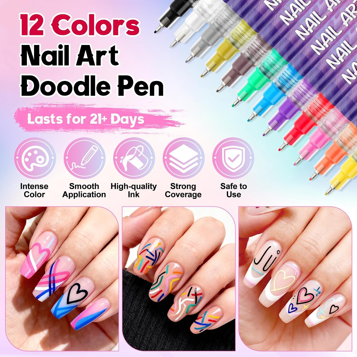 12 Color Nail Art Pens Set, Nail Polish Pens 0.5MM Fine Tip Acrylic Paint Pen Na