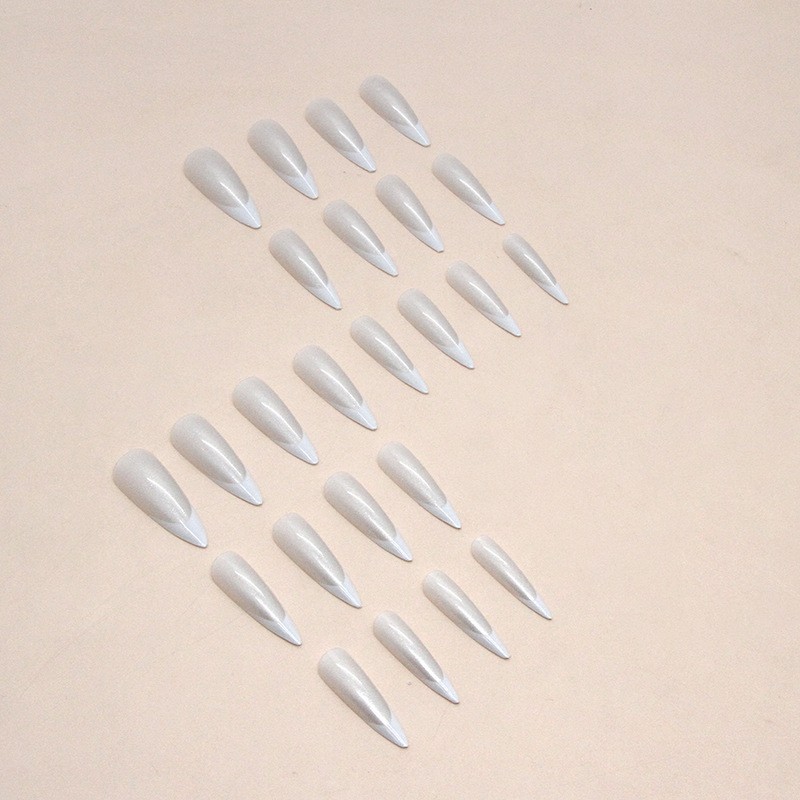48Pcs-Long Almond Milky White Cat Eye Glitter Hollow French Tip Press on Nails