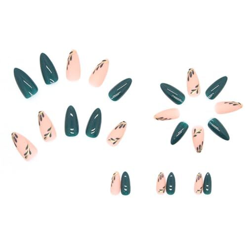 Almond Press on Nails Medium Fake Nails Acrylic False Nails with Dark Green