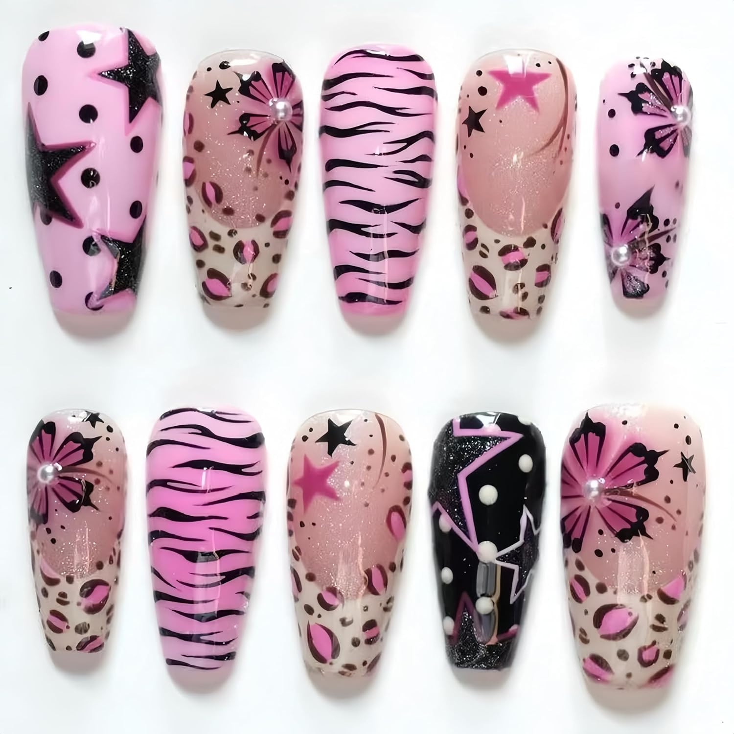 30Pcs Medium Press on Nails Square Fake Nails with 3D Pearl-Decorated Y2K Style