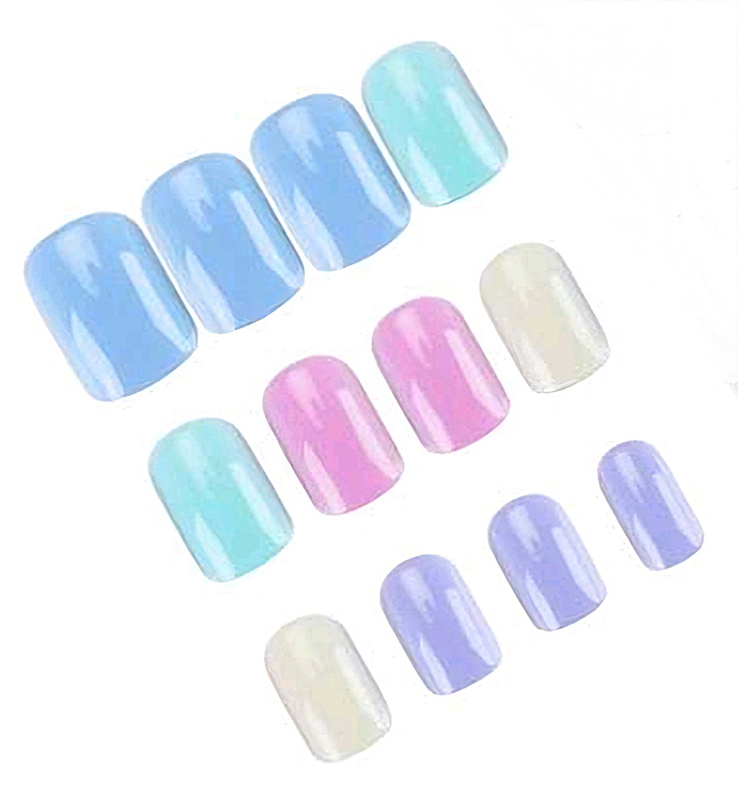 Press-On Nails Pastel Pink Pale Yellow-Green Lavender Blue Turquoise Short Shiny