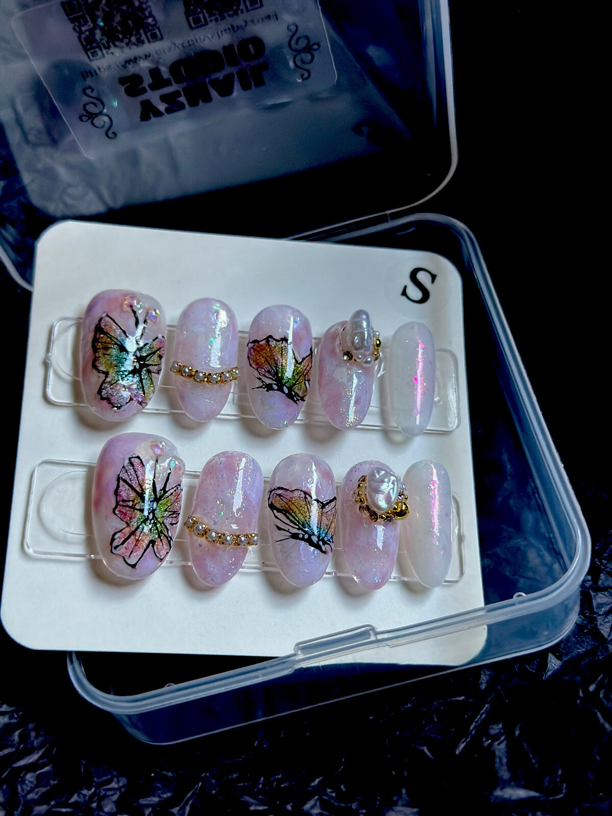 CUSTOM Handmade Gel Long nails Press On| Pink Butterfly Size:S 15 11 12 11 9