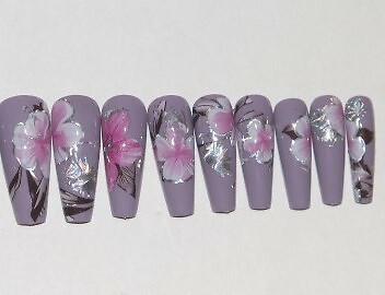 Lavender with Pink Flowers- press on nail set- Set of 18 Ex-long Ballerina