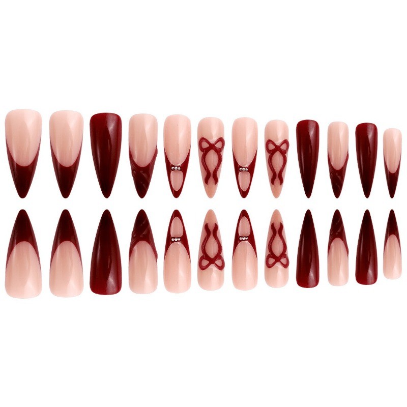 48 Pieces of Red Nude Color Blocked 3D Bow Fake Nails – Removable Nail Art