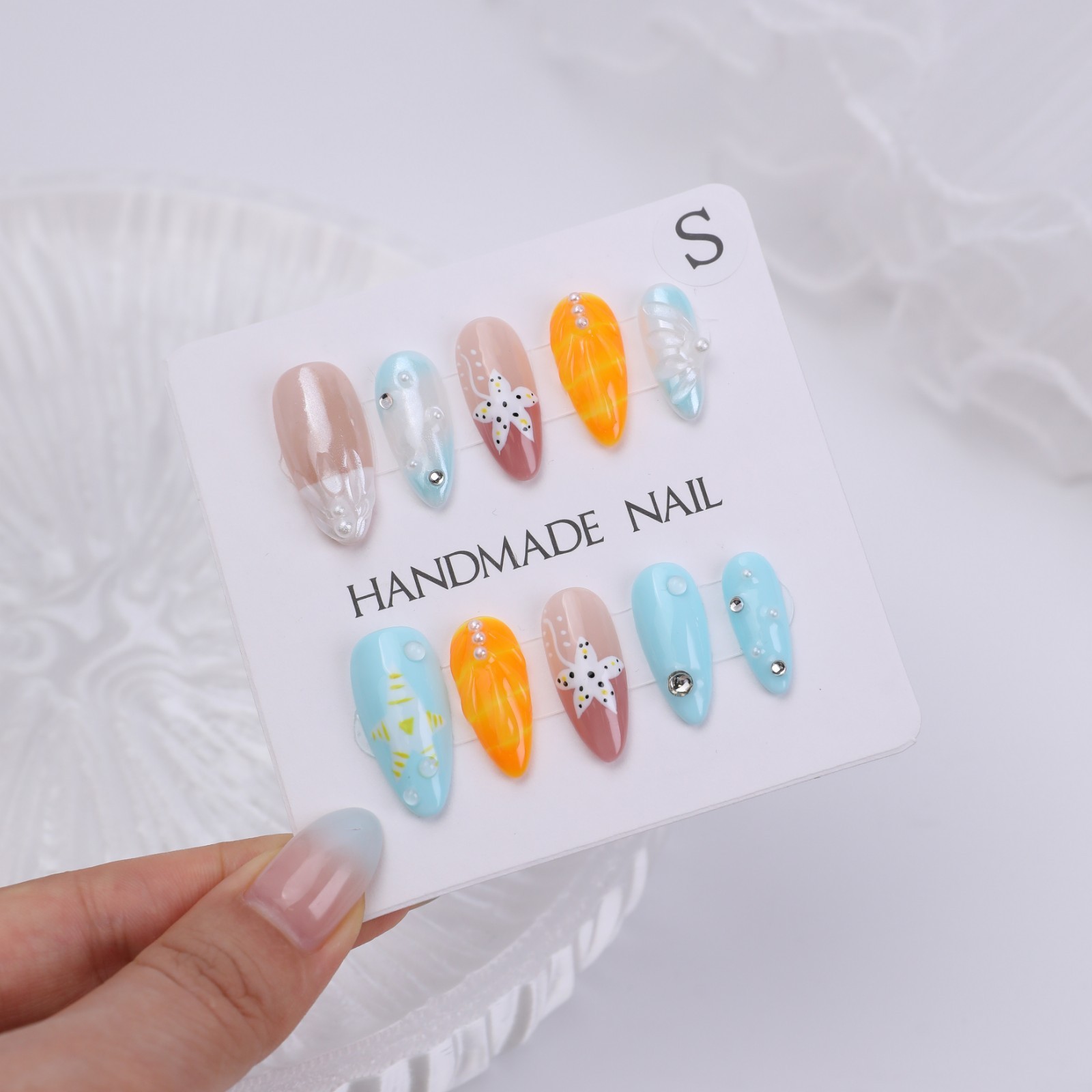 Press On Nails Medium Almond Blue Orange 3D Floral Pearl Summer Beach Nail Set
