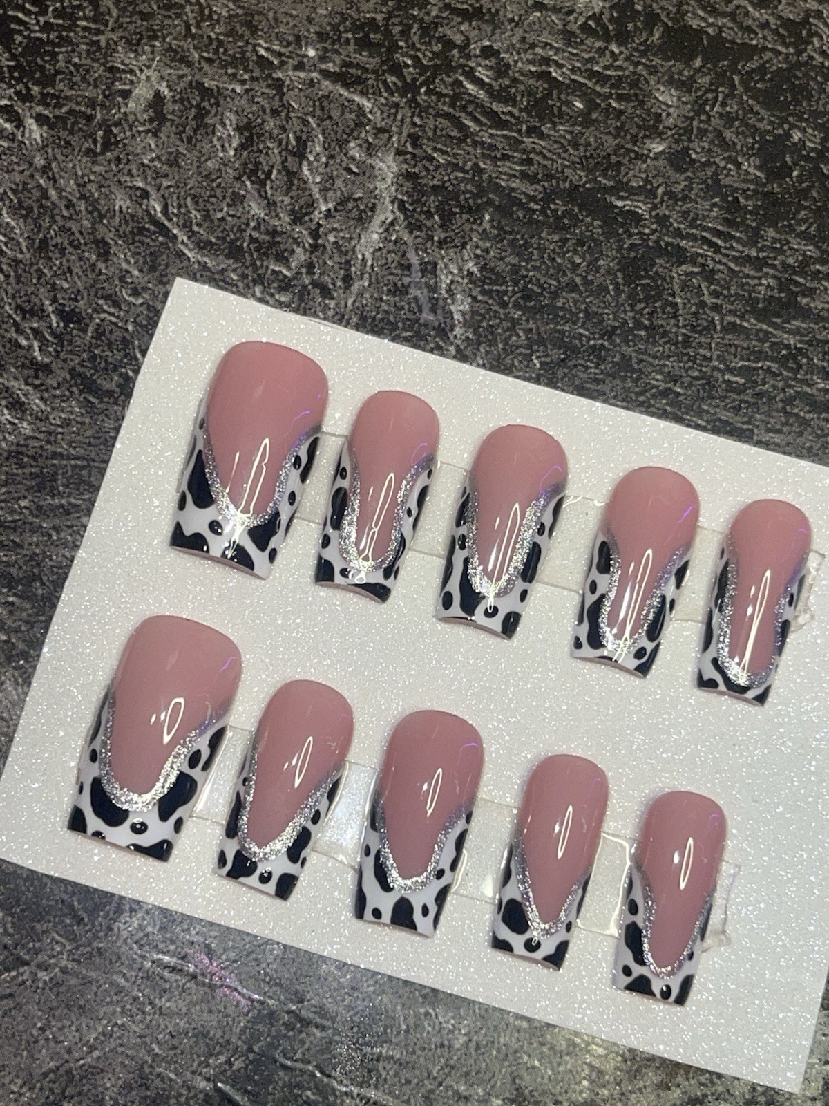 Cute Cow Print Handpainted Presson Nails. Prep Kit Included. Size Customizable