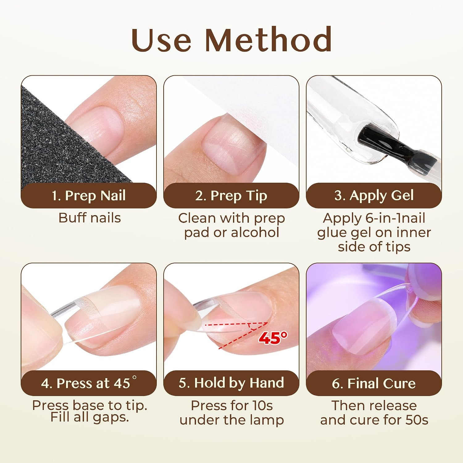 6 in 1 Gel Nail Glue for Clear Acrylic Nails Tips, 2Pcs 15Ml Super Strong Brush