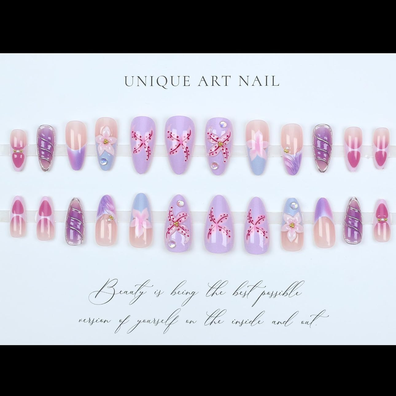 Purple Pink Press on Nails Almond – Medium 3D Embossed Flower Fake Nails with Pe