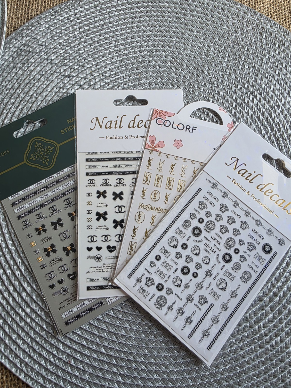 5D Embossed Nail Art Stickers Set of 4 Luxury Fashion Brand Decals Gold Black