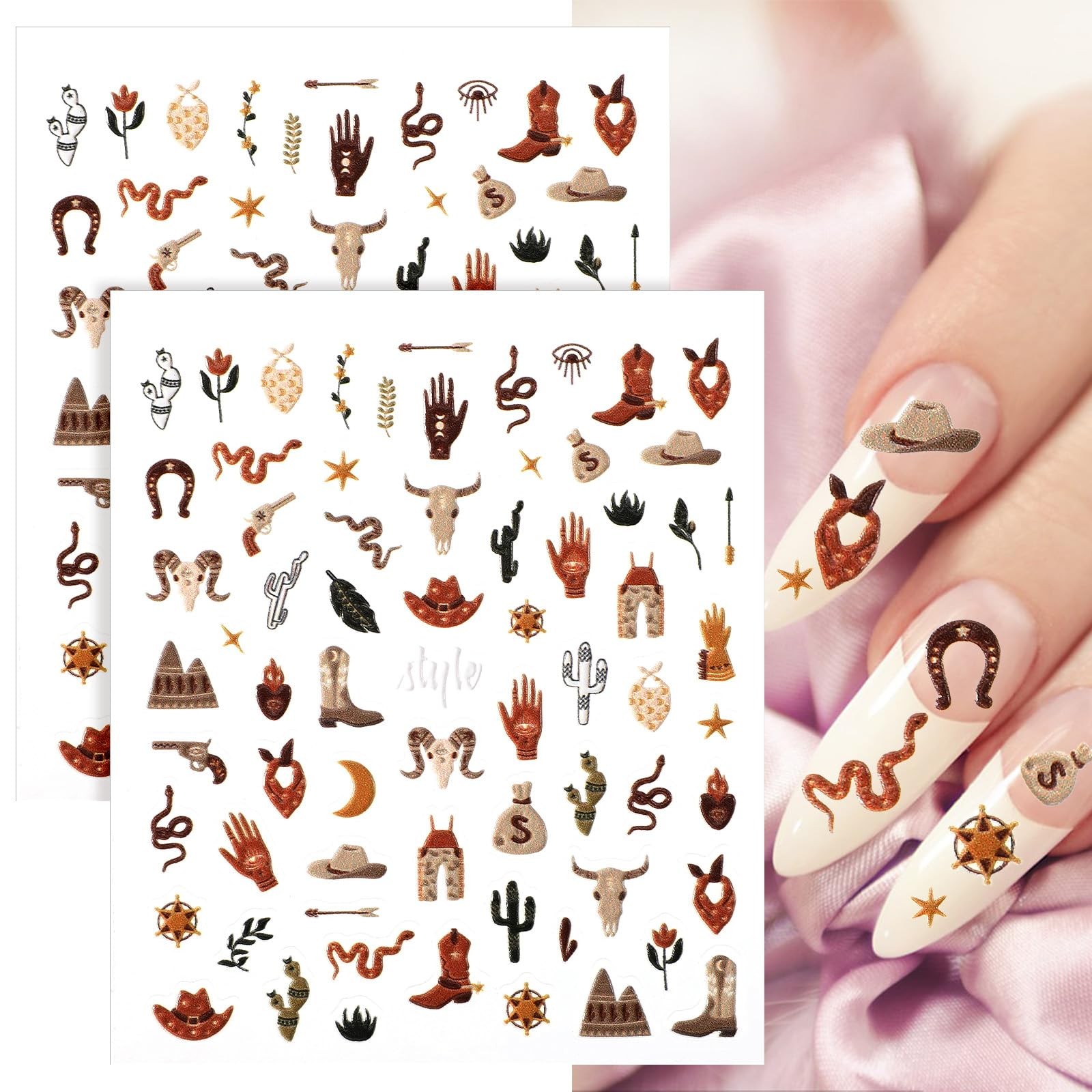 2 Sheets Retro Cowboy Nail Art Stickers, Western Style Self-Adhesive 5D