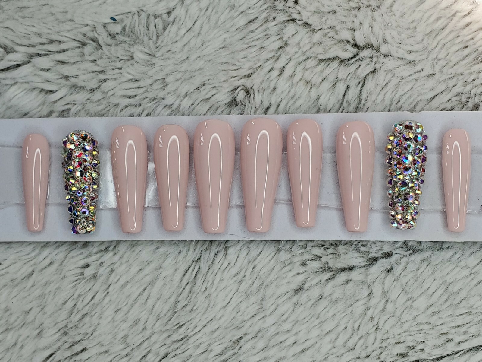 Rosy Nude bling press on nails tan neutral nude peach long tapered ballerina