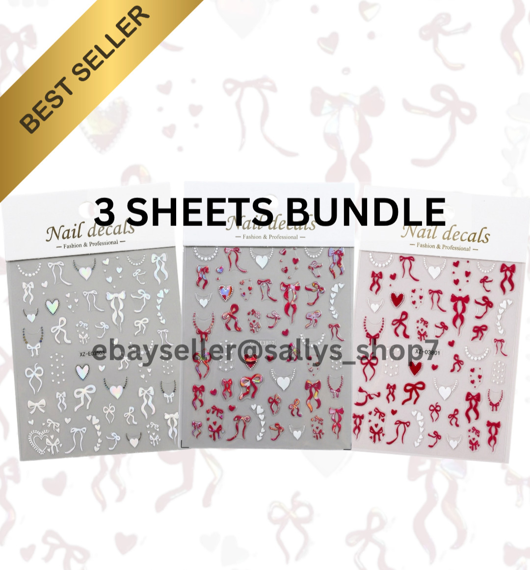 3 Sheets 3D Bow Nail Stickers Decals Embossed Heart Pearl Coquette Y2K Nail Art