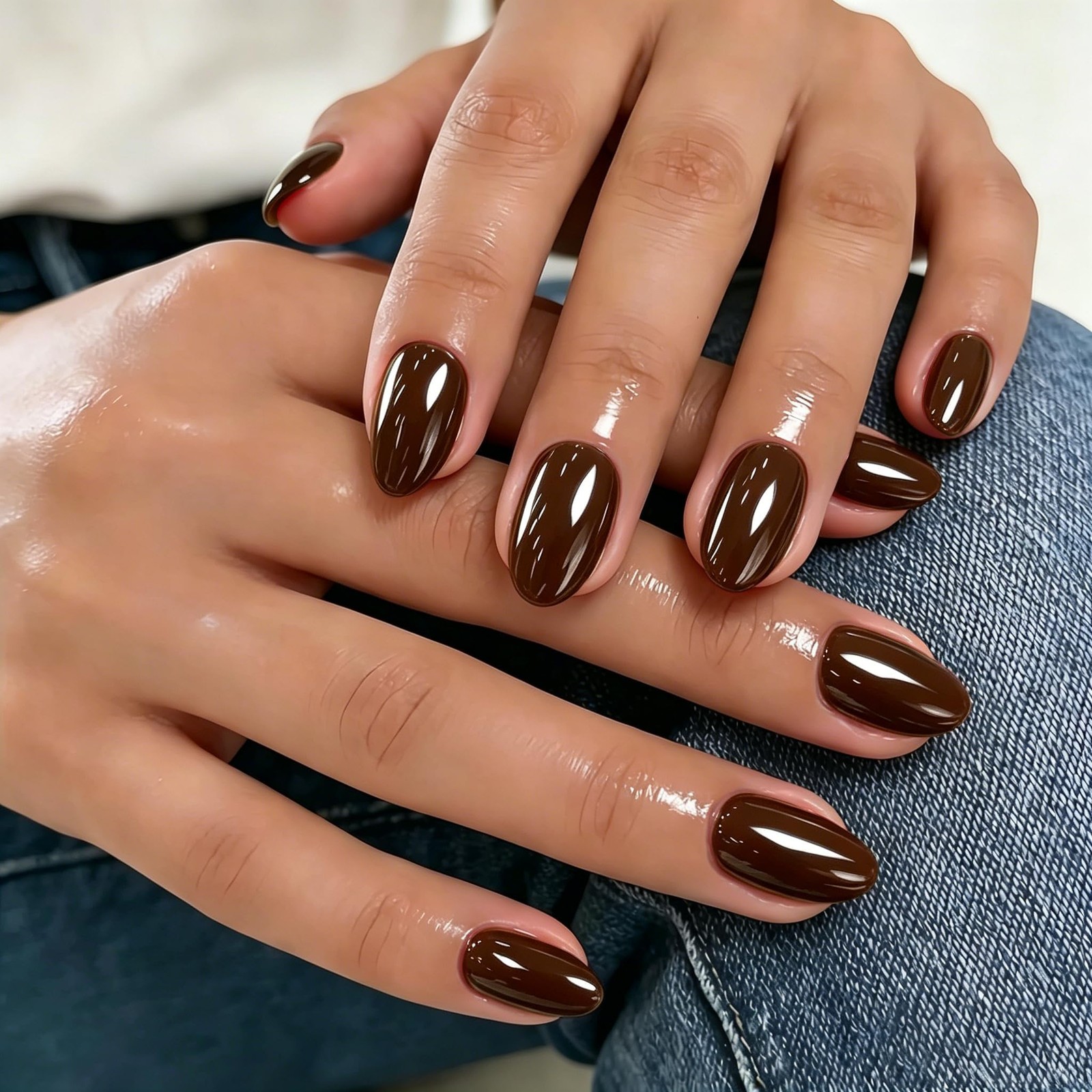 KQueenest Chrome Press On Nails Short Oval, 32 Pcs Glazed Coffee Brown Fake N…