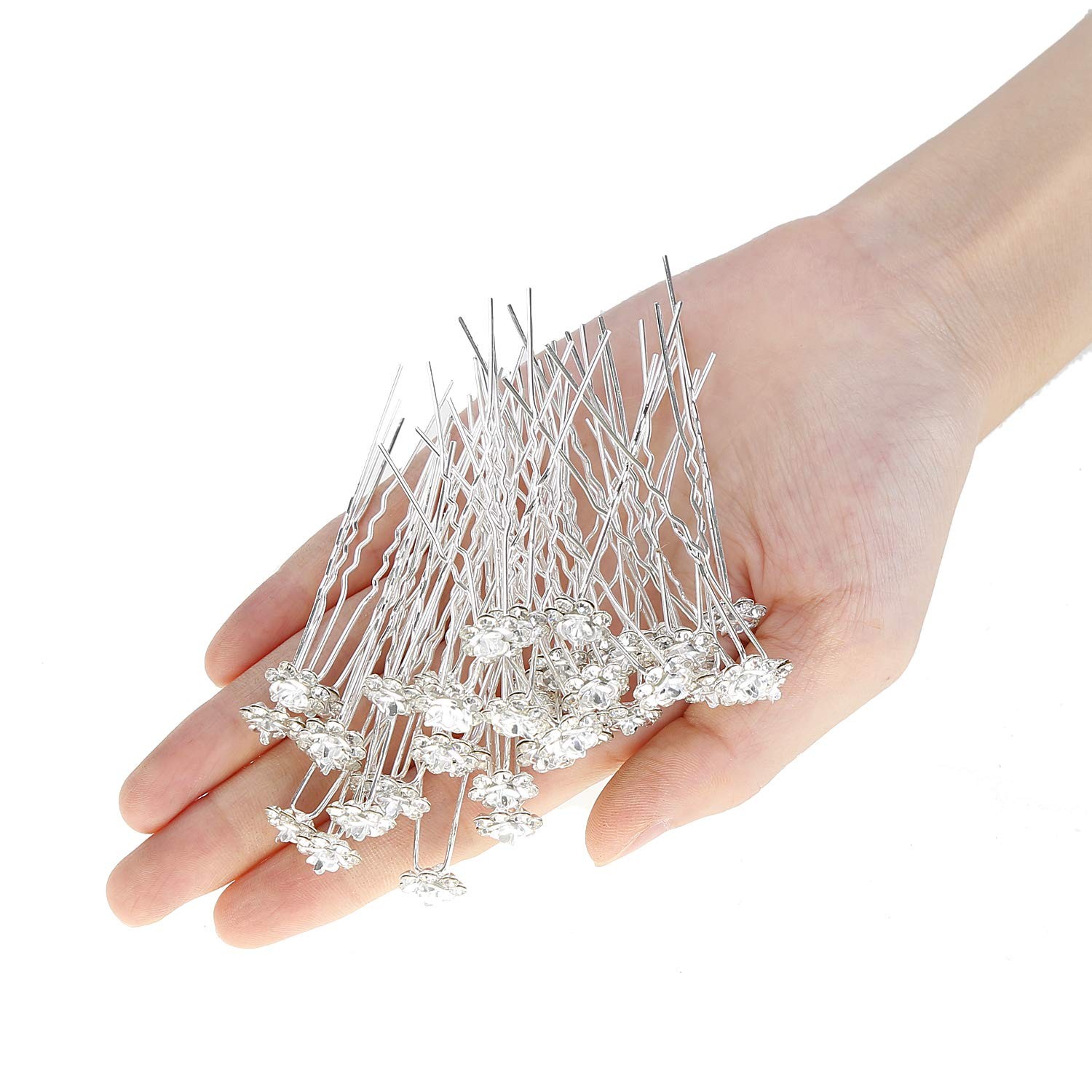 BETITETO 40 Pcs U-Shaped Flower Rhinestone Hair Pins Crystal White