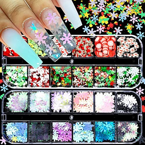 Christmas Nail Glitter Sequins, 24 Grids Holographic Nail Art Flakes Snowflake