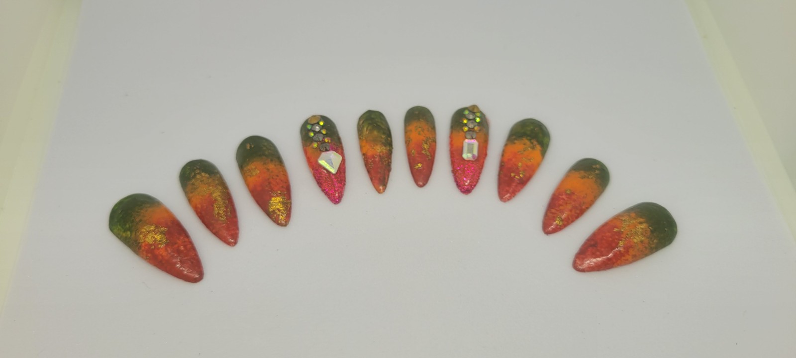 KFN ​Press On Nails| Rasta Ombre Almond Gel Glass Finish Gold Swarovski Design
