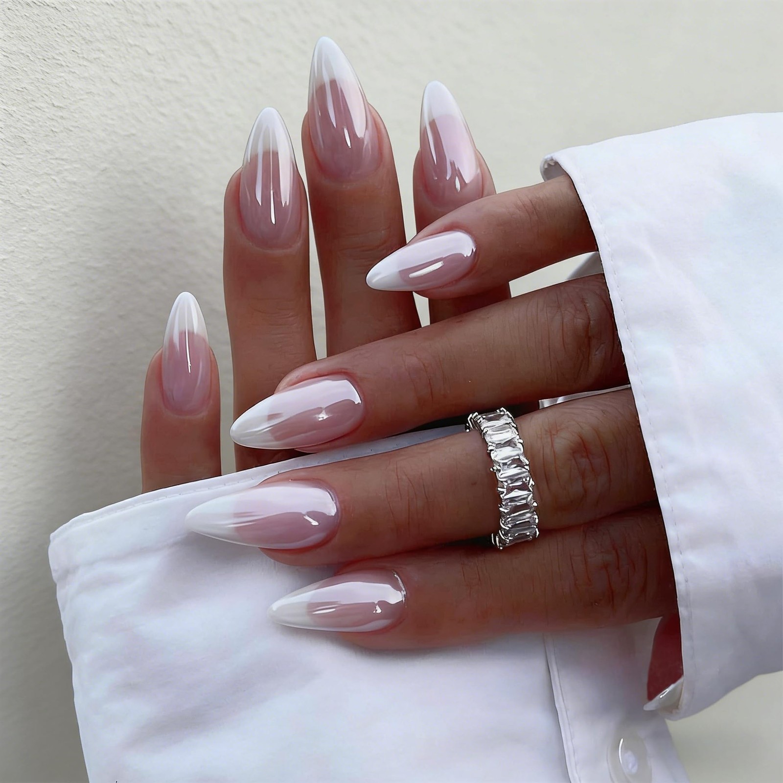 Chrome White French Tip Press on Nails Almond, Glazed Fake Nails Medium with …