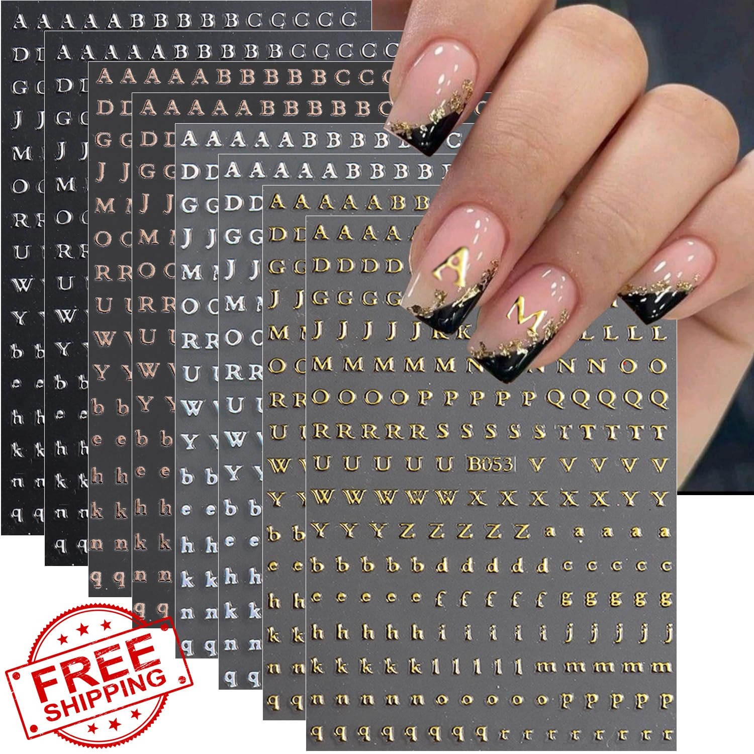 BMKKOT Letter Nail Stickers Gold Silver Uppercase Lowercase