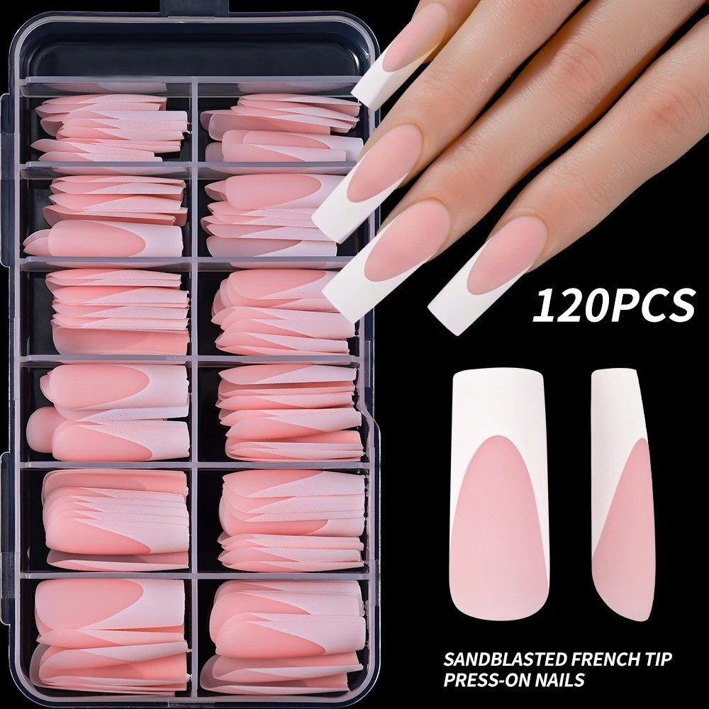 360/240/120pcs Light Pink Almond Press On Nails Glossy White French Fake Nail Si