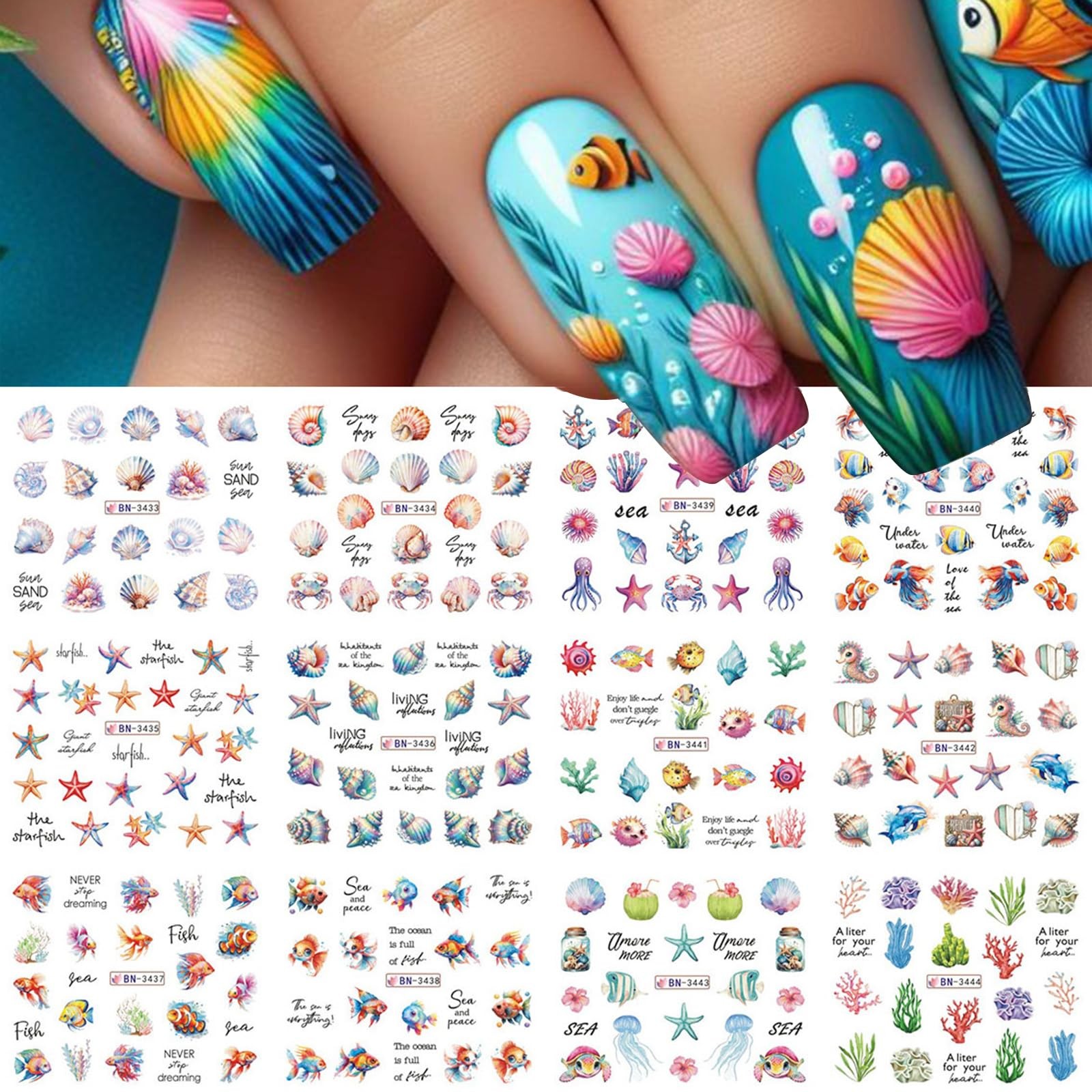 Summer Ocean Water Transfer Nail Stickers, Sea Life Nail Decals with Shell St…