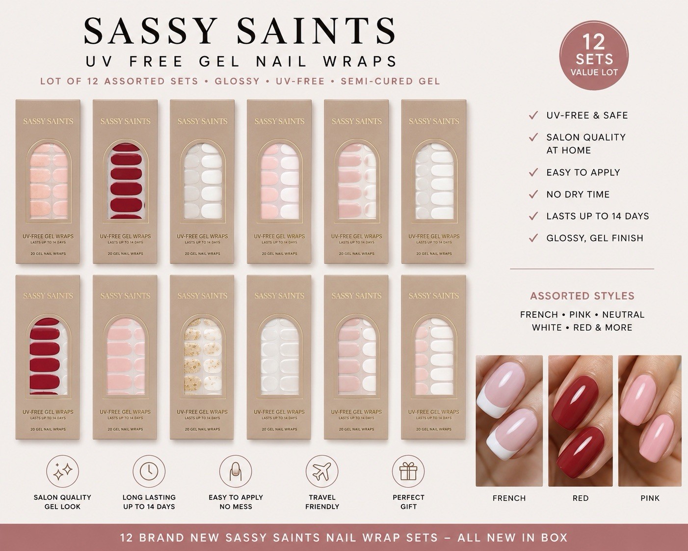Lot of 12 Sassy Saints UV Free Gel Nail Wraps Semi Cured Glossy Press On New