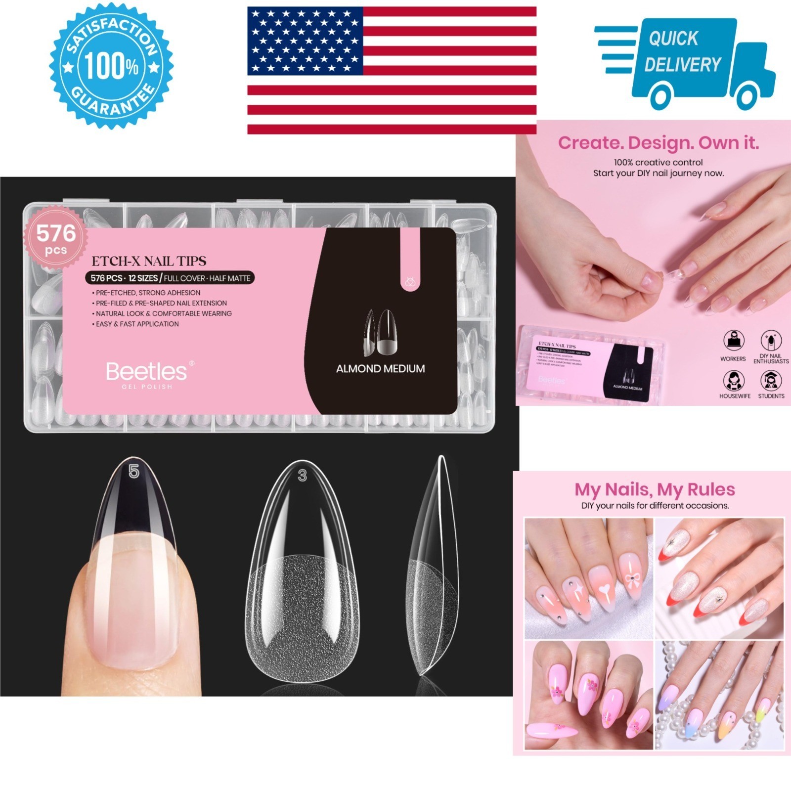 Beetles Medium Almond Nail Tips 576pcs | Press-On Nails for DIY