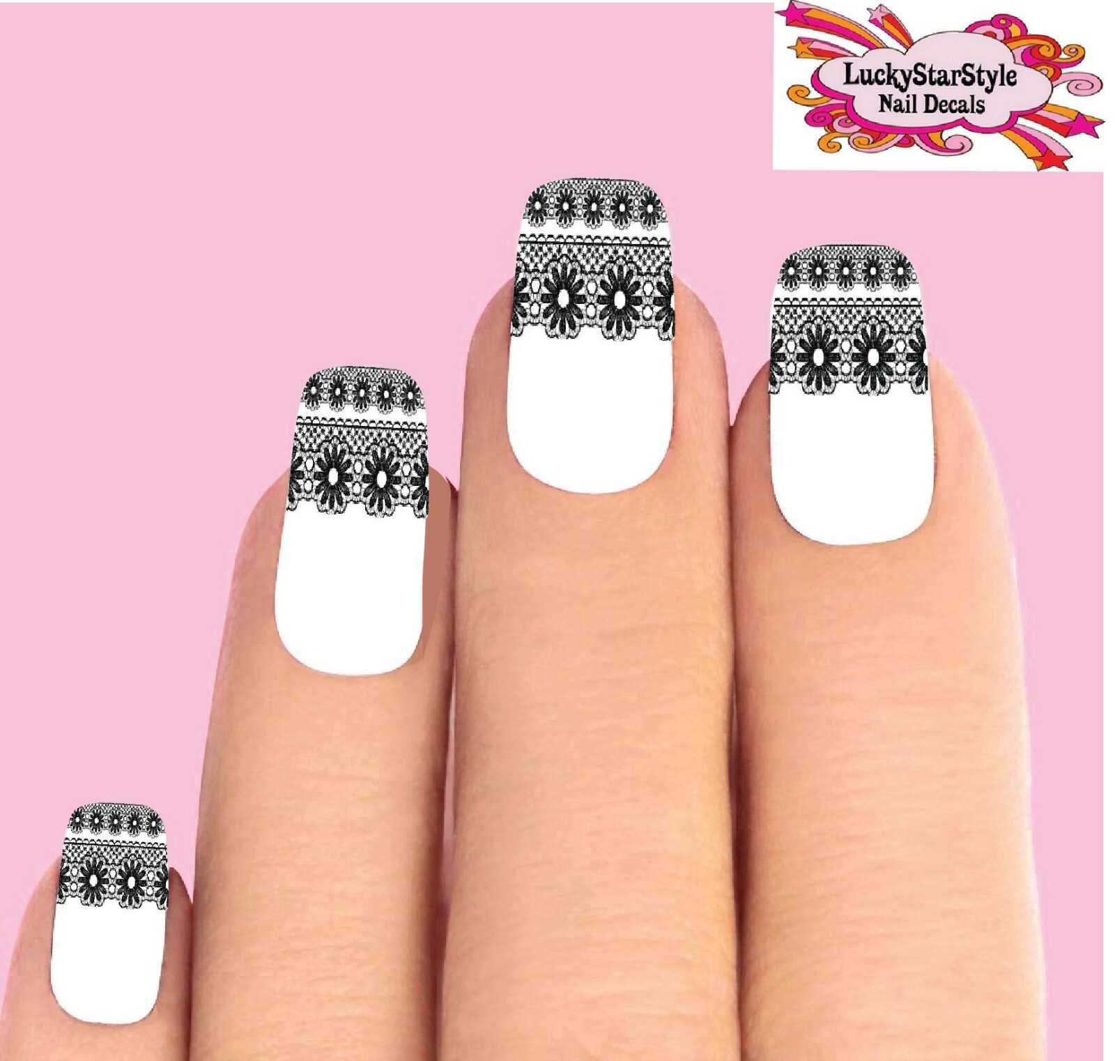 Waterslide Tips Nail Decals Set of 10 – Black Lace Daisy Flowers