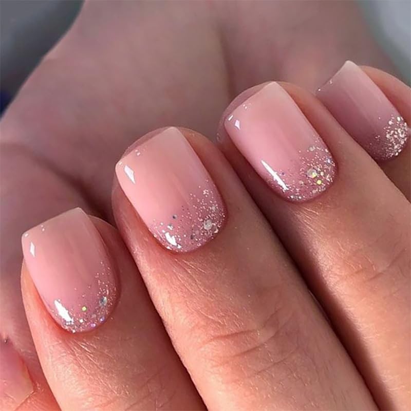 XZMeiLun Nude Pink Press on Nails Short Square Round, Base Glitter Design, Re…