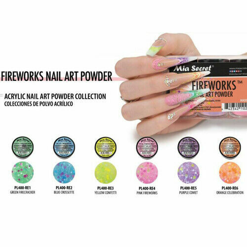 New Mia Secret Monomer 4 Ounce + FIREWORKS Nail Art Powder 6 Colors Collection