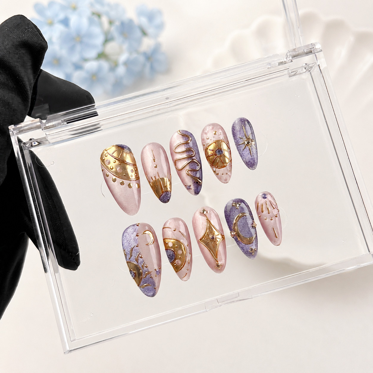 Press On Nails Medium Almond Celestial Moon Star Gold Purple Rhinestone Nail Set