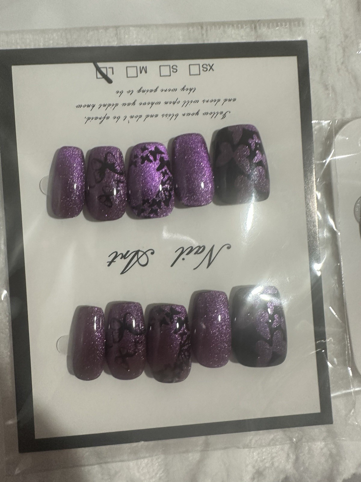 Purple Black Glitter Butterfly Press-On Nails Medium Square Full Set large