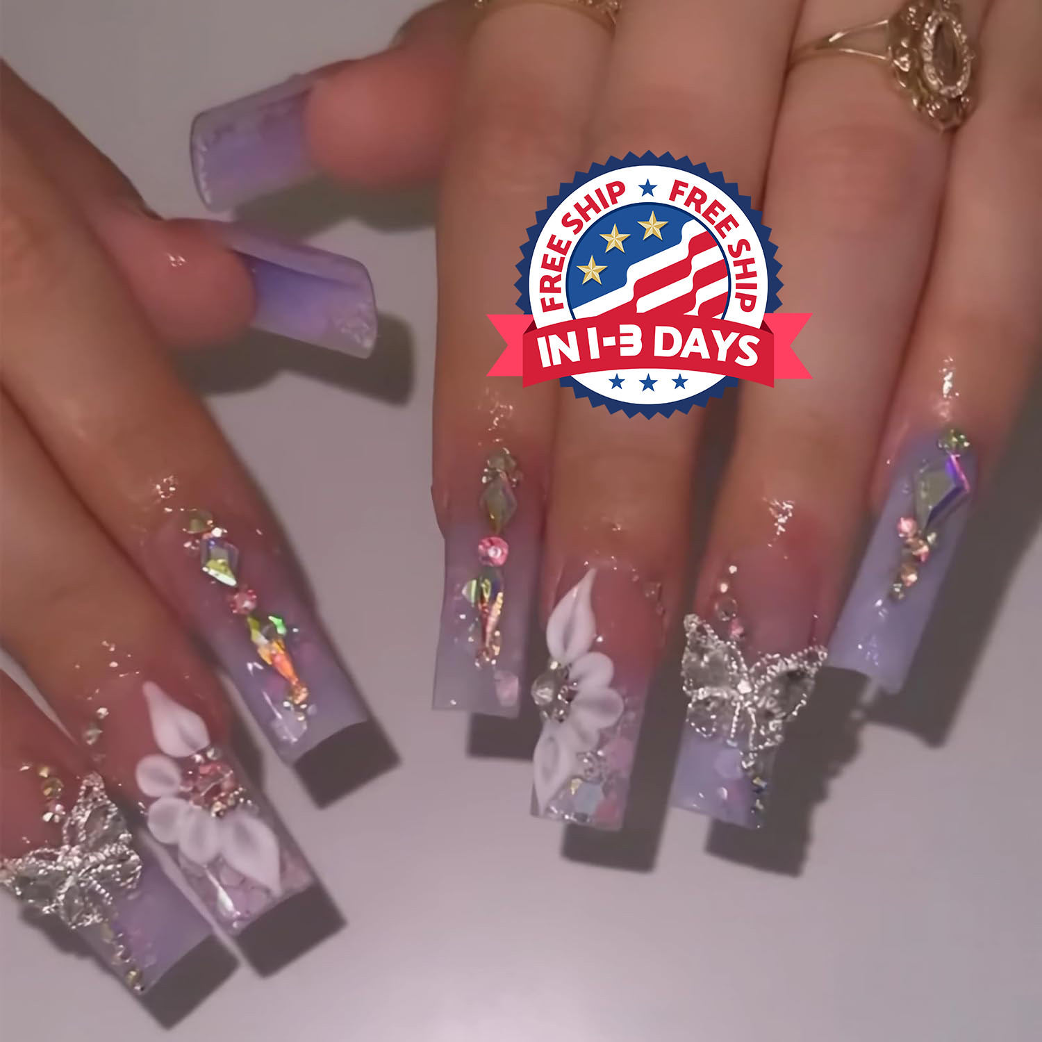 Uñas Postizas decoradas Acrílicas Falsas 24pack Colores French Butterfly